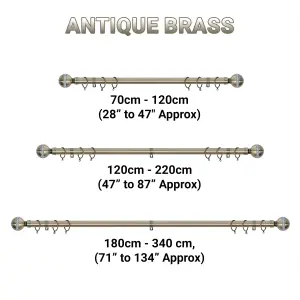 A.Unique Home Diamante Ball Metal Extendable Curtain Pole with Rings and Fittings (25/28mm) - Antique Brass, 120cm - 220cm  Approx