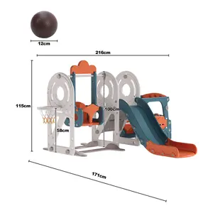 Blue and Orange Bus Cartoon 3 in 1 Slide and Swing Set Play Set with Basketball Hoop W 2160 x D 1710  x H 1150 mm