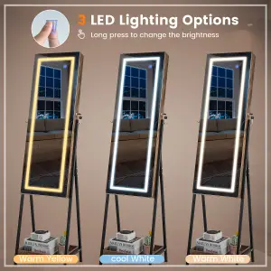 Costway LED Standing Jewelry Mirror Cabinet Lockable Jewelry Armoire w/ 3-Color Lighted Mirror