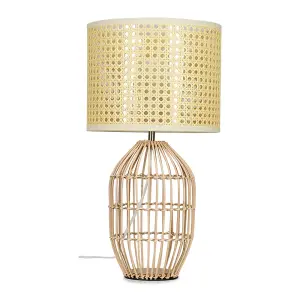 ValueLights Hollins Natural Rattan Cylinder Table Lamp with Cream Woven Rattan Wicker Shade