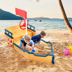 Costway Kids Wooden Sandbox Pirate Ship Play Boat w/ Flag Rudder Lifebuoy Decoration