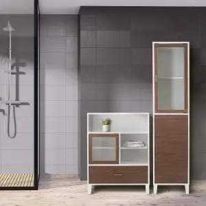 Teamson Home Freestanding Tall Column Bathroom Cabinet with 2 Doors and 3 Shelves, Walnut/White