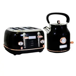 Charles Bentley 1.7L Kettle & 4 Slice Toaster Set Black & Rose Gold Fast Boil