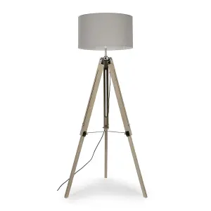 ValueLights Clipper Modern Light Wood & Chrome Tripod Floor Lamp with Grey Drum Shade - Complete with 6w LED Bulb 3000K Warm White