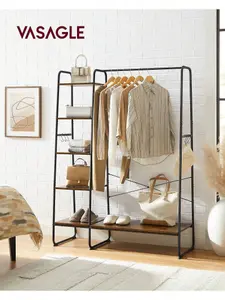 VASAGLE Clothes Rail Clothes Rack With Shoe Rack, 5 Tier Storage Rack, 6 Side Hooks, For Bedroom, Living Room