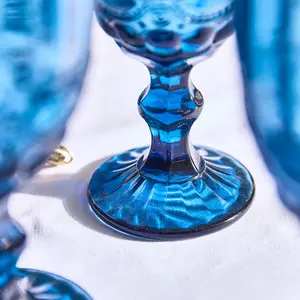 Set of 6 Vintage Luxury Sapphire Blue Drinking Wine Glass Wine Goblets 350ml