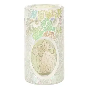 White Iridescent Glass Pillar Shaped Oil, Wax Melt Burner. Mirrored Crackle Effect. H14.5 cm