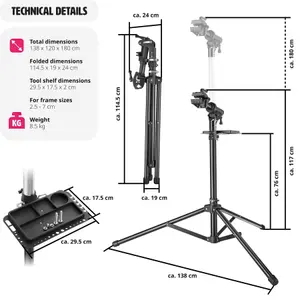 Bike Repair Stand Tristan - folding, height-adjustable, suitable for e-bikes, 50kg load capacity - black