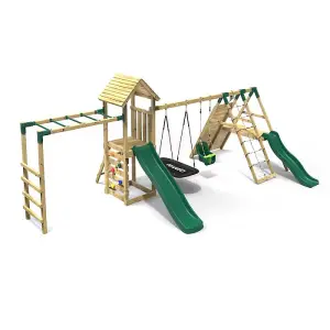 Rebo Wooden Climbing Frame with Swings, 2 Slides, Up & over Climbing wall and Monkey Bars - Cairngorm