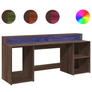 Berkfield Desk with LED Lights Brown Oak 200x55x91 cm Engineered Wood