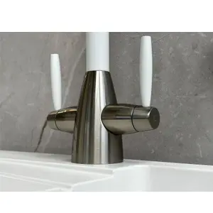 Liquida LB01WH Swan Neck Twin Lever Brushed Steel and White Kitchen Tap