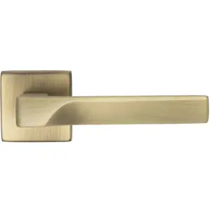 Premium Contoured Door Handle Set - Antique Brass Sleek Lever On Square Rose