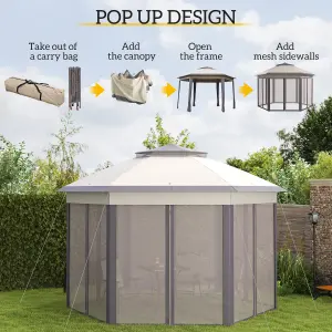 Outsunny 3x4m Hexagon Gazebo w/ Metal Frame Mesh Curtains Outdoor Garden, Beige