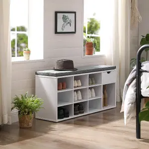 VASAGLE Shoe Bench, Storage Bench with Drawer and Open Compartments, Shoe Shelf, Padded Seat, for Entrance Corridor Bedroom