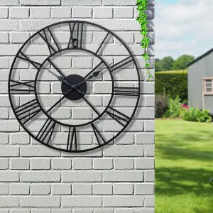 60cm Big Roman Numerals Giant Metal Outdoor Garden Wall Clock Indoor Silent Black Non-Ticking