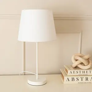 ValueLights Charles White Single Stem Table Lamp with White Tapered Lamp Shade and LED Bulb