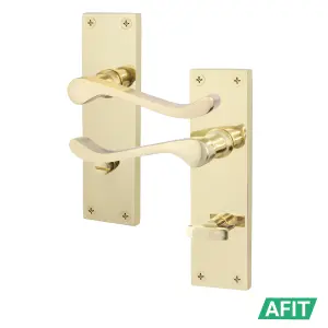 AFIT Polished Brass Victorian Scroll Bathroom Door Handle Set, 2 Pairs of Internal Handles on Backplate, Hinges 76mm & Locks 64mm