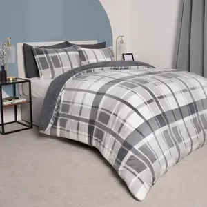 Teddy Fleece Duvet Cover Set Pillowcase Bedding Check, Charcoal - Single