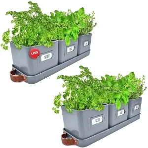 Charcoal Grey Herb Pots for Kitchen Windowsill - 2 Pack Indoor Planters with Leather Tray, Ideal for Fresh Herbs & Plants