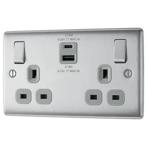 BG Brushed Steel Double 13A 22W Raised slim Switched Screwed Socket with USB, x2 & Grey inserts