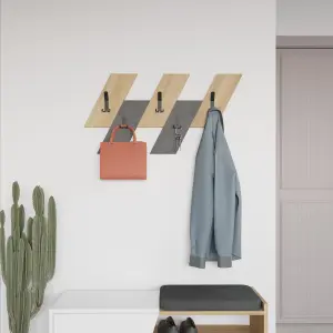 Decortie Modern Livy Wall-Mounted Hanger Oak Retro Grey Engineered Wood Geometric Shape 5 Black Metal Hook 75.2(W)x1.8(D)x45.3(H)