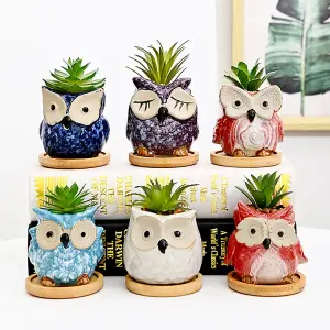 simpa 6PC Cartoon Owl Ceramic Plant Pots with Bamboo Base