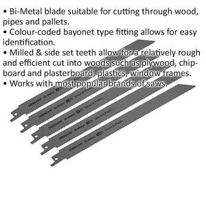 5 Pack 230mm Bi-Metal Reciprocating Saw Blades for Wood and Plastic Cutting