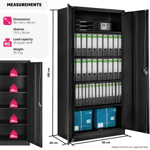 Filing Cabinet Blain - 4 height-adjustable shelves, 2 lockable doors, 180 x 80 x 40 cm - black