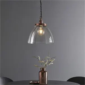 Hanging Ceiling Pendant Light - Aged Copper Plate & Clear Glass - 10W LED E27