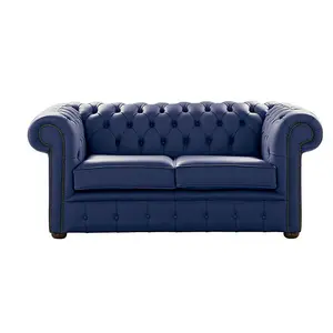 Chesterfield 2 Seater Shelly Billberry Blue Leather Sofa Settee Bespoke In Classic Style