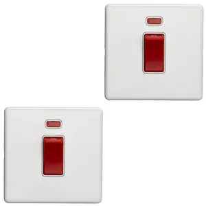 2 PACK 1 Gang Single 45A DP Cooker Switch & Neon SCREWLESS MATT WHITE Rocker