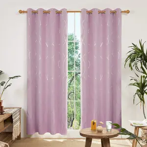 Deconovo Eyelet Thermal Blackout Curtains, Silver Wave Foil Printed Curtains for Girls Bedroom, 66 x 54 Inch, Baby Pink, 1 Pair