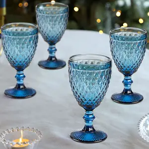 Set of 4 Vintage Luxury Blue Embossed Diamond Drinking Wine Glass Wine Goblets 270ml