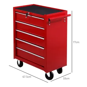 HOMCOM Tool Trolley with 5 Drawers Steel Tool Chest on Wheels with Handle Red