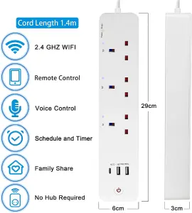 Extrastar 3 Gang Smart WIFI Extension lead, 1.4m Cable, 2 USB-A and 1 USB-C