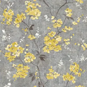 Paul Moneypenny Ochre Anethe Blossom Trail Textured Charcoal Wallpaper for Grandeco