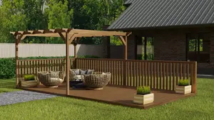 Rectangular pergola and decking kit with balustrade V.8, 4.2m x 4.8m, Rustic brown finish