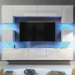 Panorama Wall TV Unit White with High Gloss Doors and LED Lighting - Creative Furniture