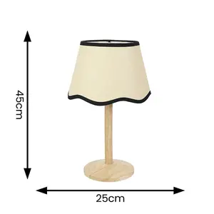 ValueLights Triston Natural Light Wood Stem Table Lamp with Scallop Black Trim Tapered Lamp Shade and LED Bulb