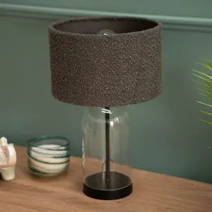 ValueLights Jessy Glass and Black Metal Bedside Table Lamp with a Charcoal Grey Lampshade - Bulb Included