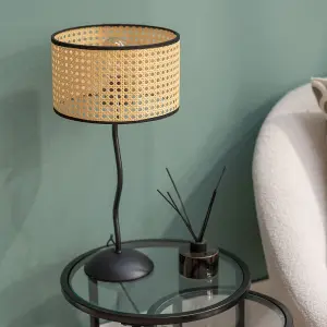 ValueLights Black Metal Wavy Single Stem Table Lamp with a Natural Cane Wicker Black Trim Shade