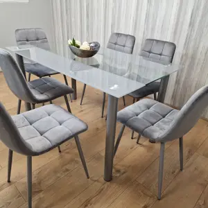 Grey Clear Glass Dining Table With 6 Grey Tufted Velvet Chairs Dining Set