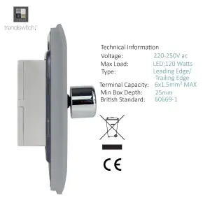 Trendi Switch 2 Gang 1 or 2 way 150w Rotary LED Dimmer Light Switch in Brushed Steel