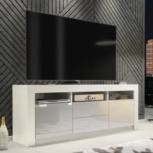 Modern TV Unit 160cm White with High Gloss Grey Doors - Creative Furniture