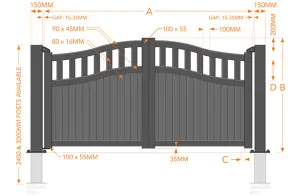 Double Swing Gate 3500x1600mm Black - Vertical Solid Infill and Bell-Curved Top Full Privacy Driveway Gate