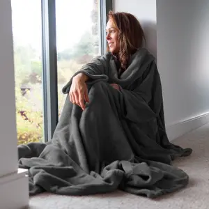 Slate Grey Snug Rug Deluxe Blanket With Sleeves Luxury Cosy Super Soft Coral Fleece Fabric Long Oversized Pouch Pocket Adults