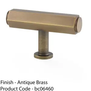 Industrial Hex T Bar Cabinet Door Knob - 55mm x 38mm - Antique Brass Pull Handle