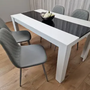 Wooden White Black Dining Table with 4 Grey Stitched Leather Chairs Set