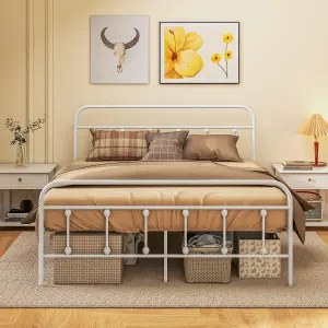 HOMCOM 5ft Metal King Platform Bed Frame w/ Underbed Storage Headboard White