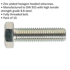 10 Pack M14 x 50mm Grade 8.8 Zinc Setscrews - Fully Threaded DIN 933 Bolts